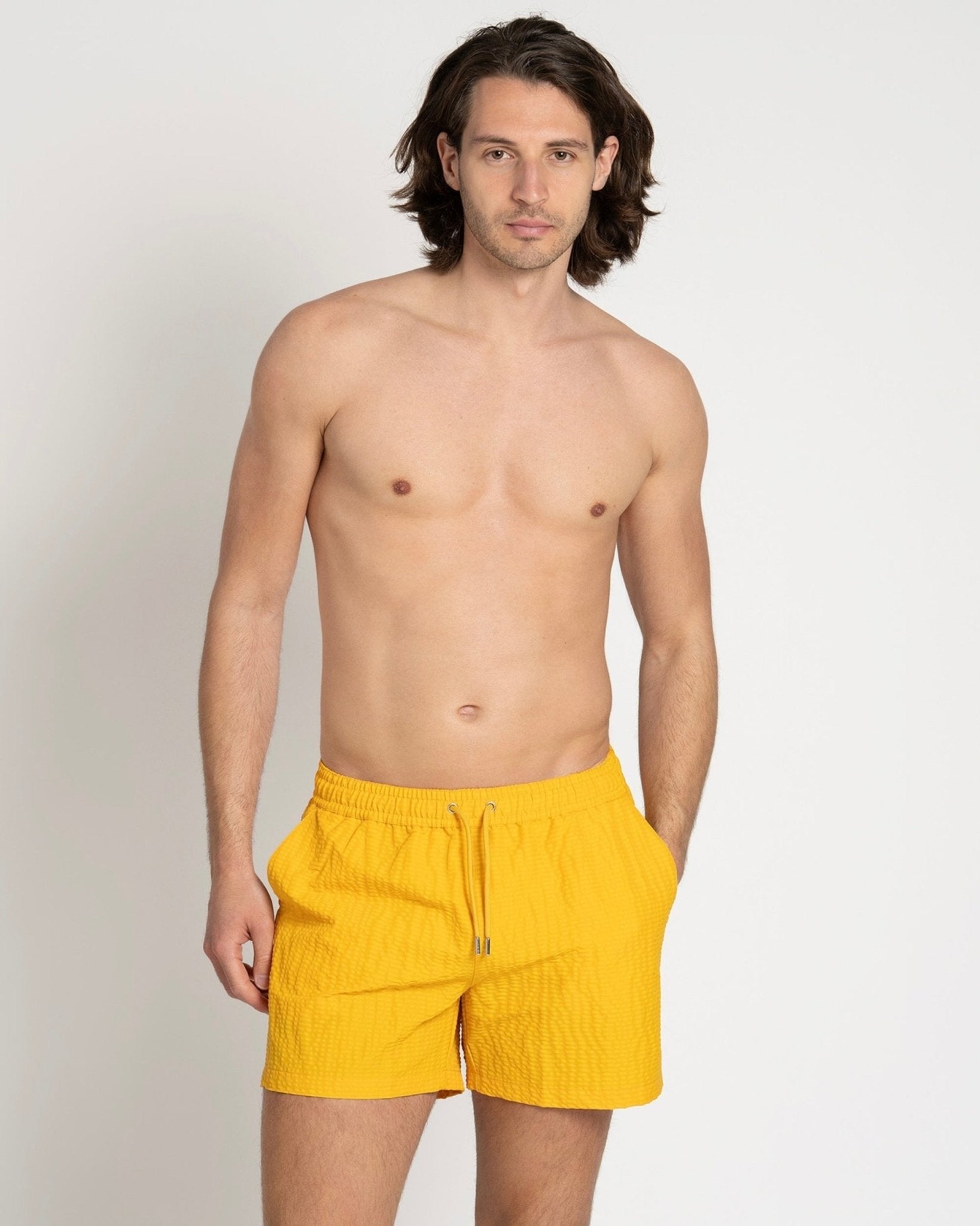 【イエロー（80）】Timothy Seersucker Swim Short Classic Swim Shorts Yellow Seersucker – THE RESORT CO