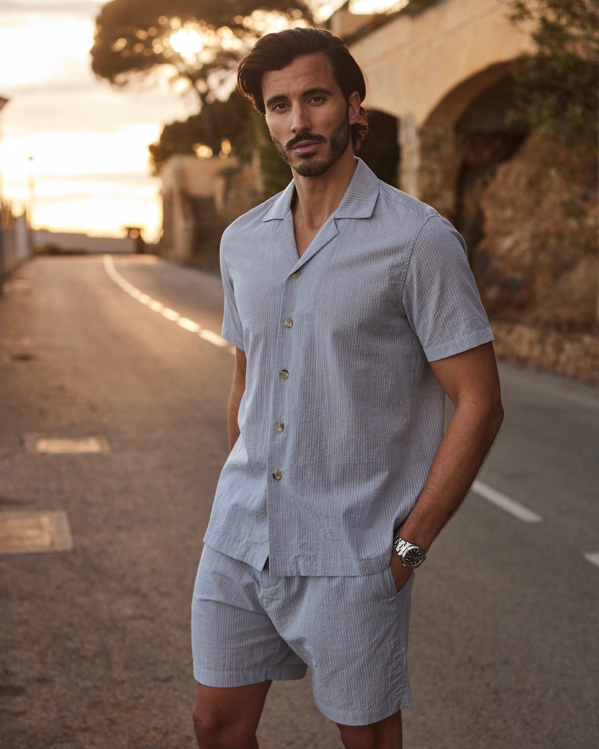 Common Need Yorick Seersucker Resort Shirt Sage Stripe