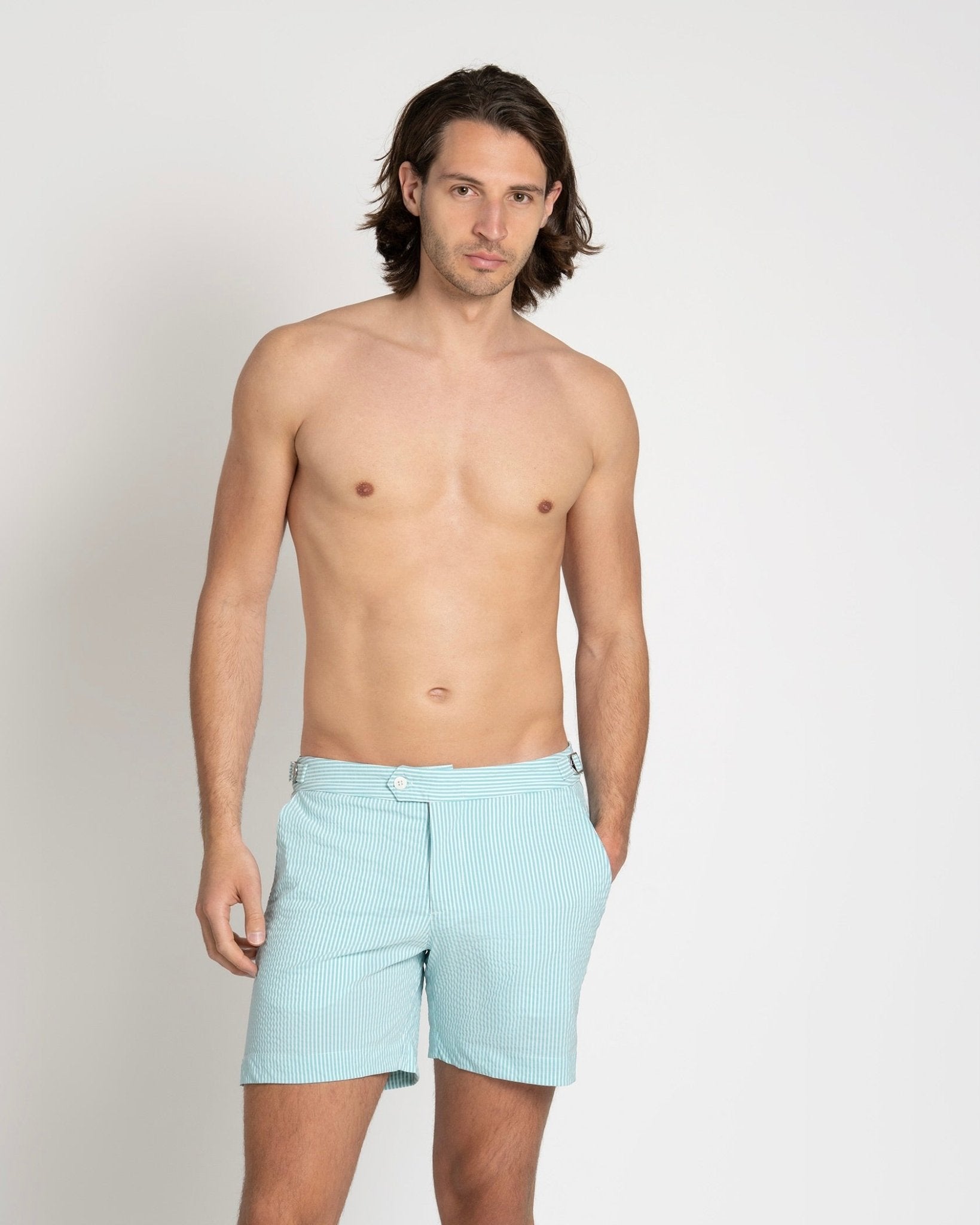 Tailored Swim Shorts Turquoise Seersucker – THE RESORT CO