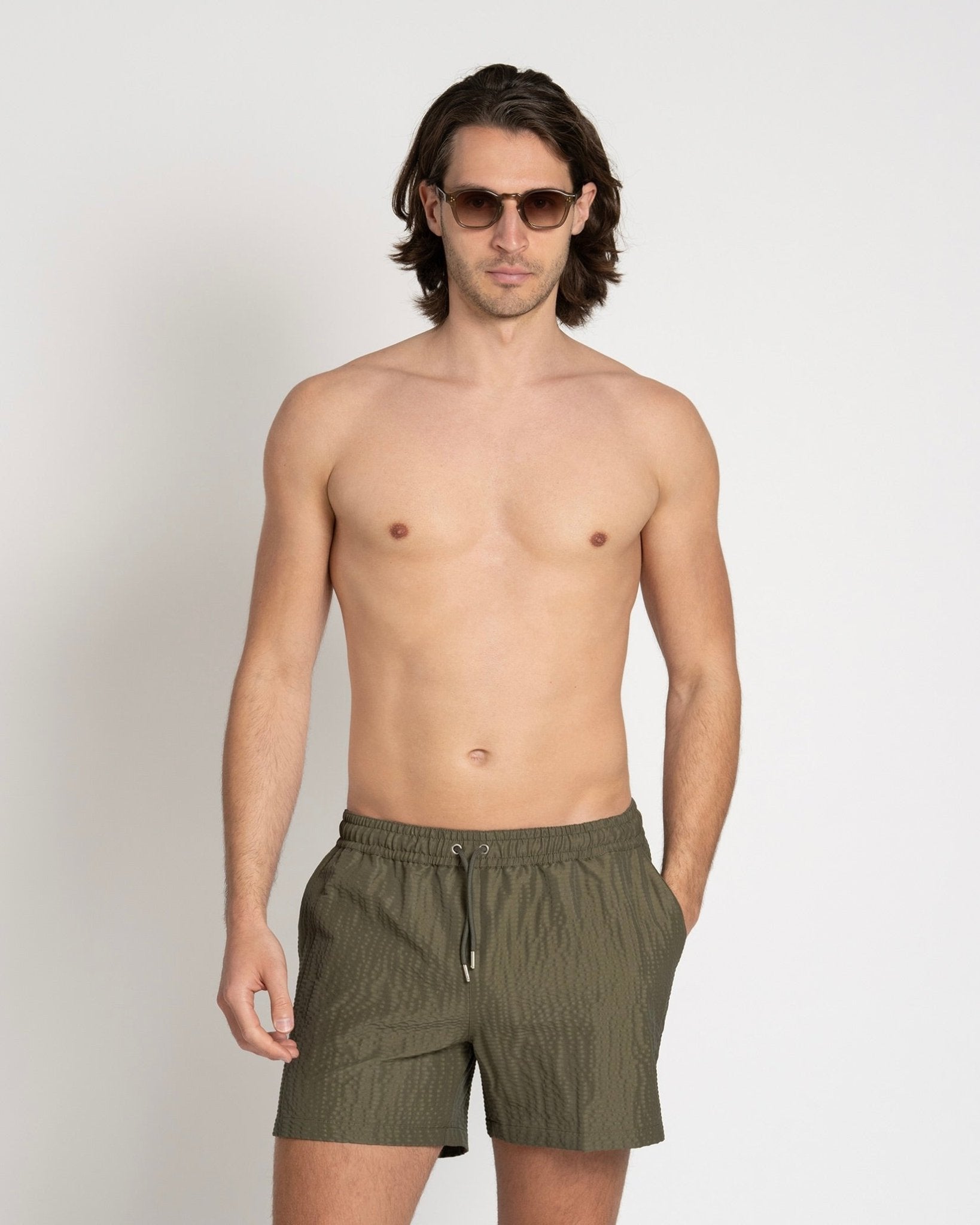 Classic Swim Shorts Olive Seersucker - THE RESORT CO
