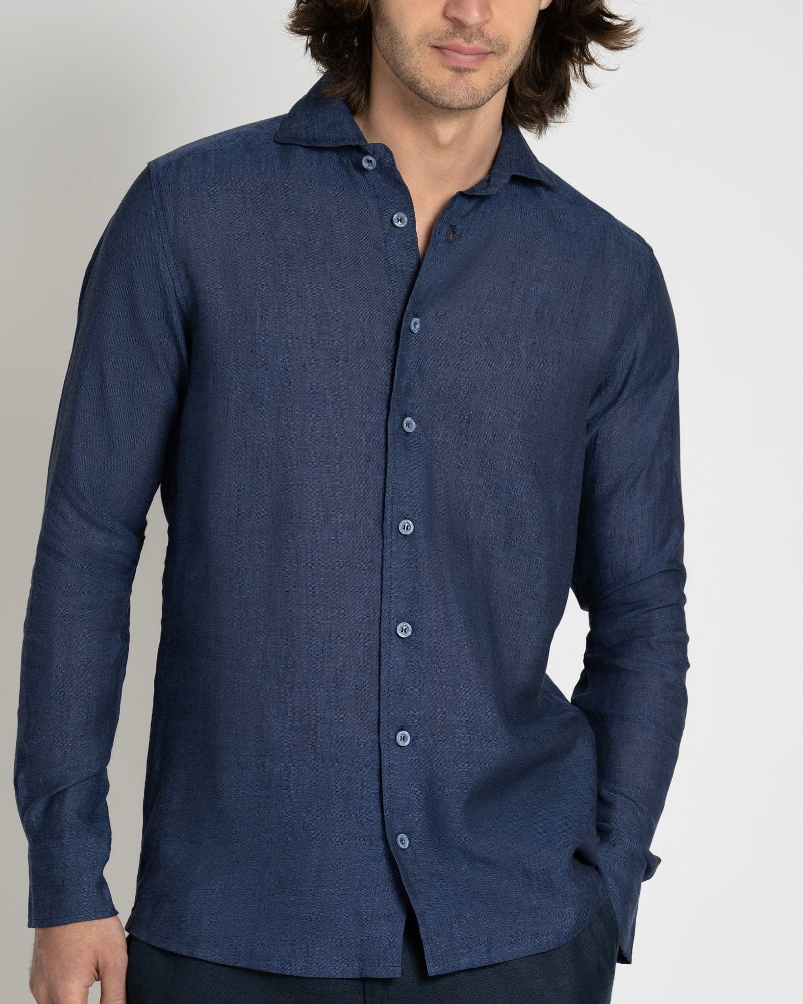 Long - sleeve Linen Shirt Navy - THE RESORT CO