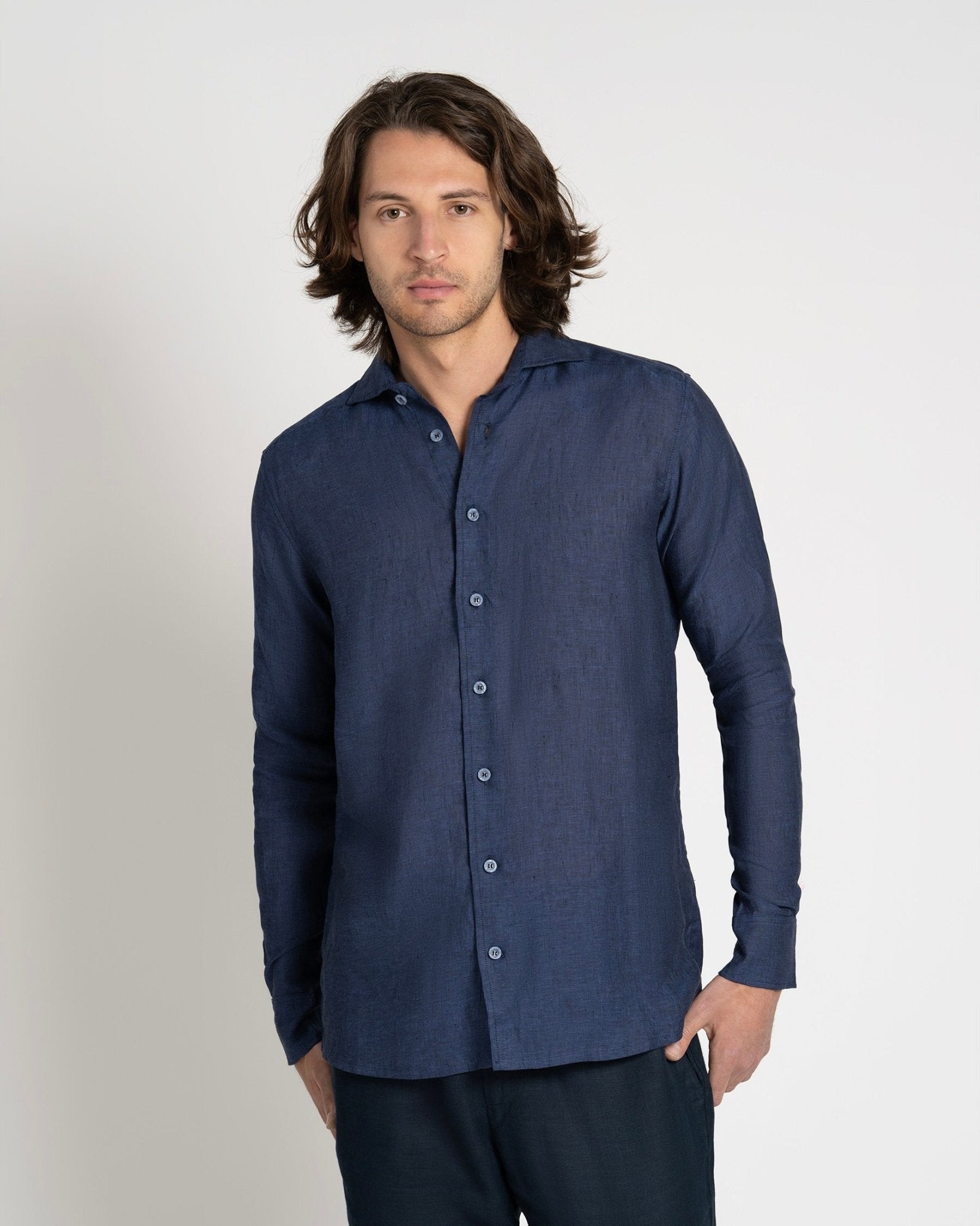 Long - sleeve Linen Shirt Navy - THE RESORT CO