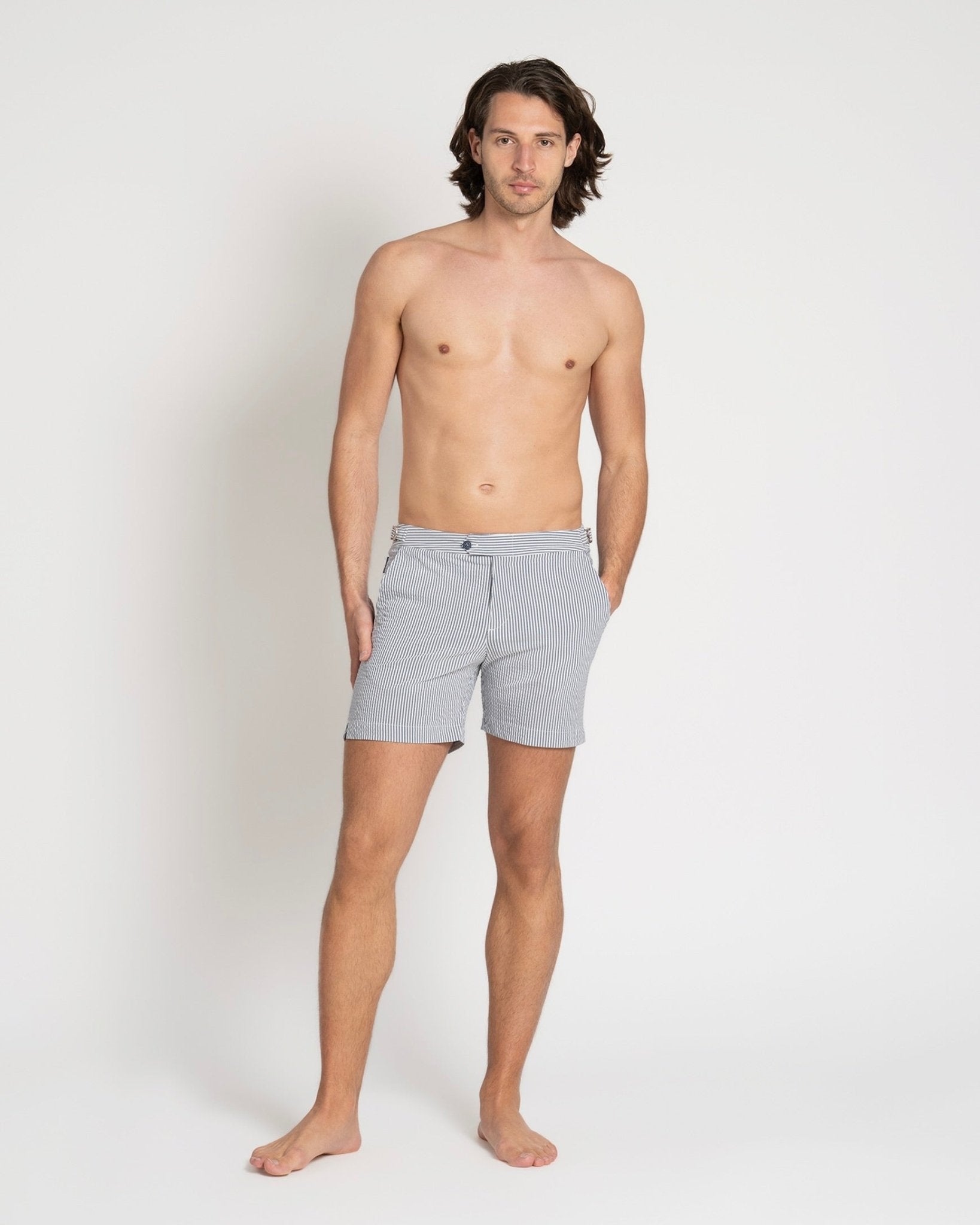 Tailored Swim Shorts Navy Stripe Seersucker – THE RESORT CO