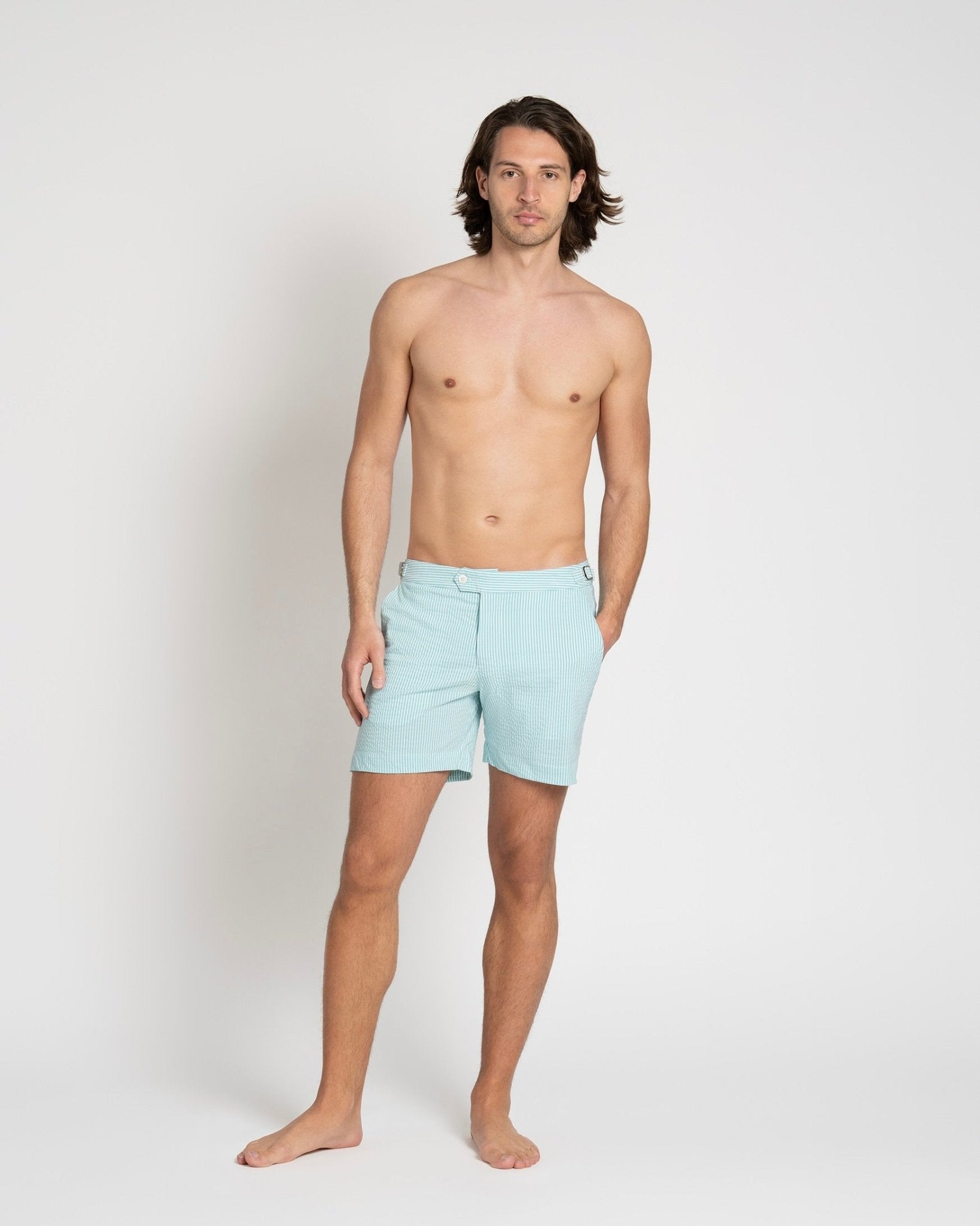 Tailored Swim Shorts Turquoise Seersucker - THE RESORT CO
