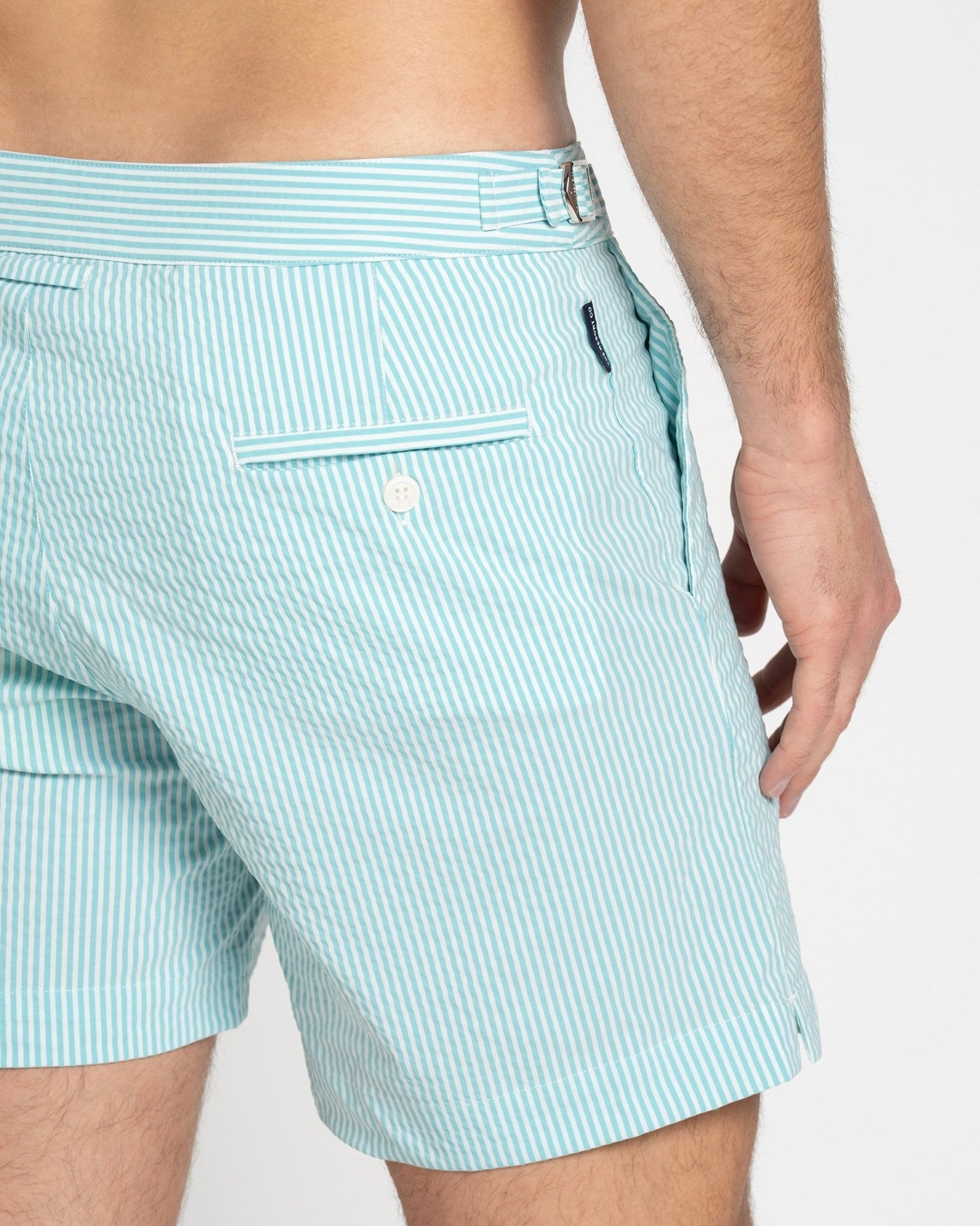 Tailored Swim Shorts Turquoise Seersucker - THE RESORT CO