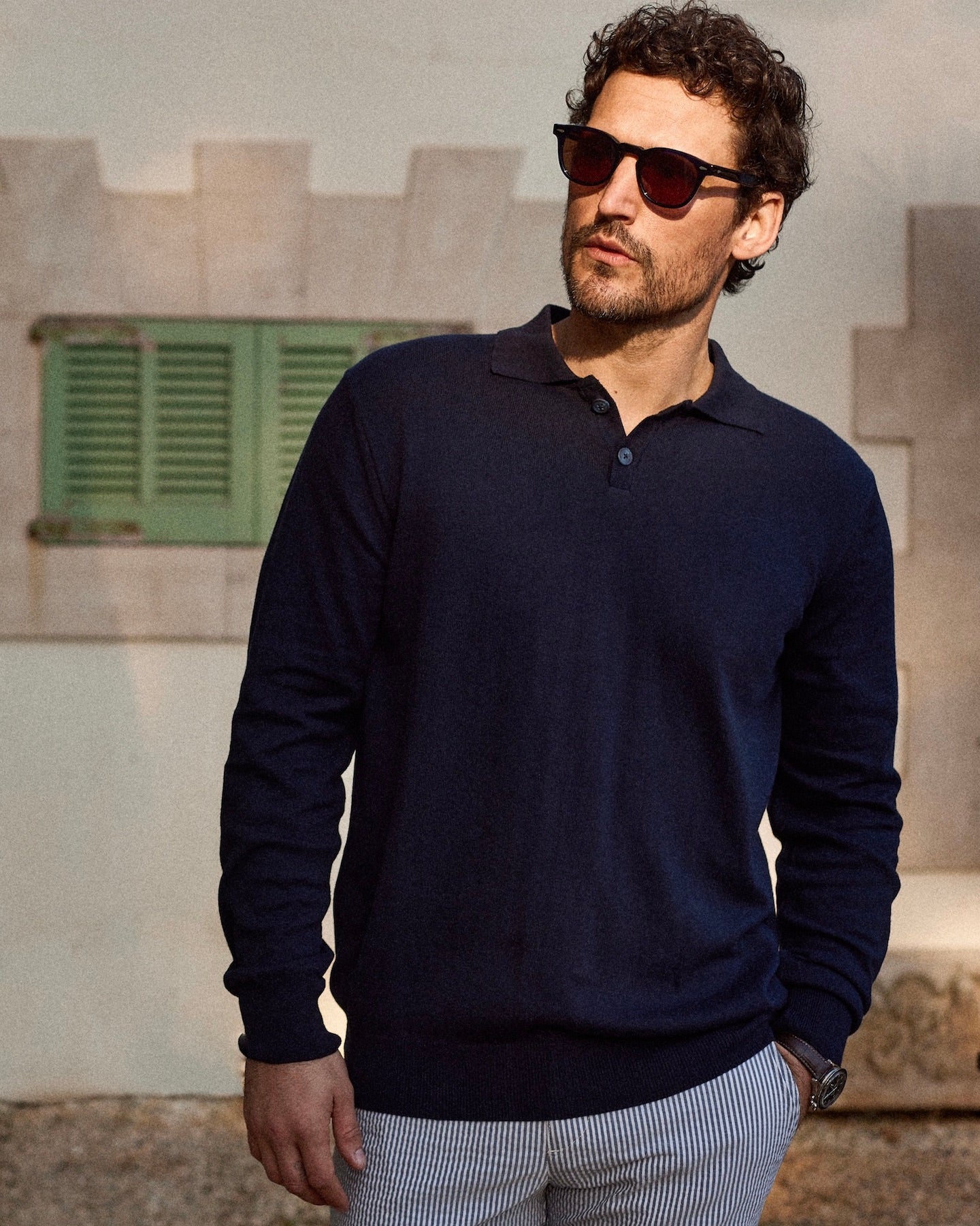 Long-sleeve Knitted Polo Navy - THE RESORT CO